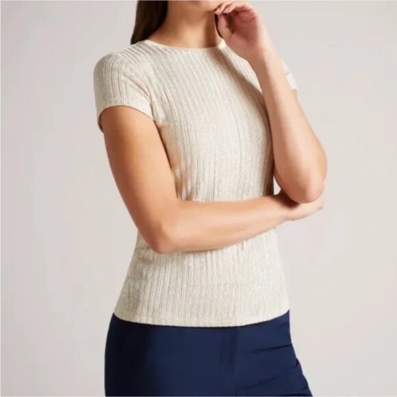 Ted Baker London Metallic Stripe Catrino T Shirt Top Ivory - Picture 1 of 3